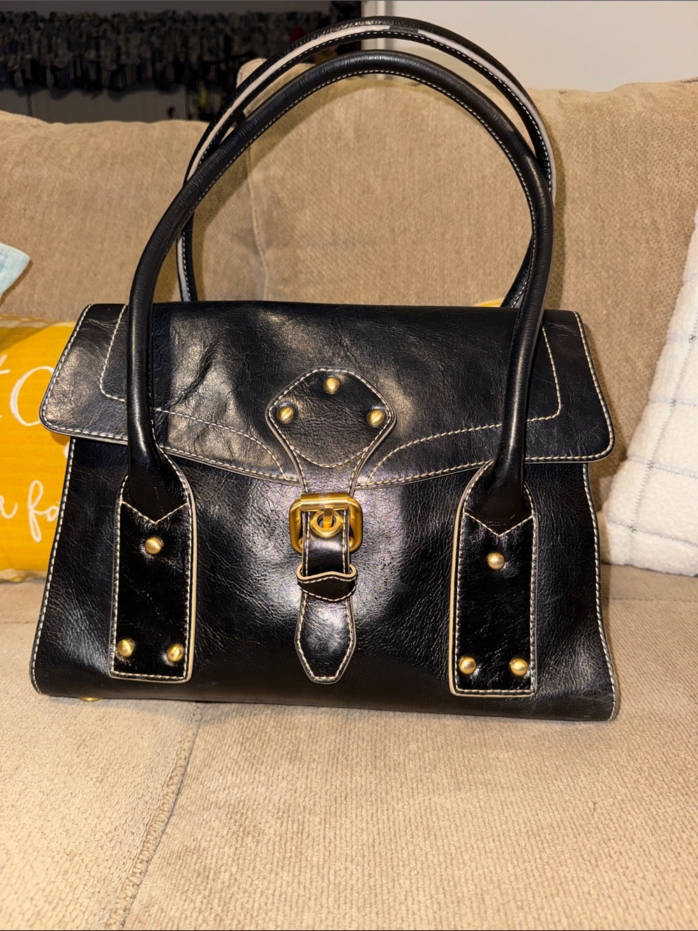 Max Studio Black Leather Satchel with Gold Hardware